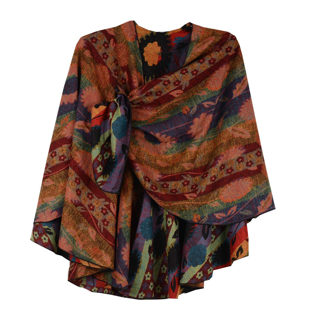 Rapti 100% Cashmere Floral/Stripe Reverse Loop Shawl (#53) ORNG/RED/PURP/GRN