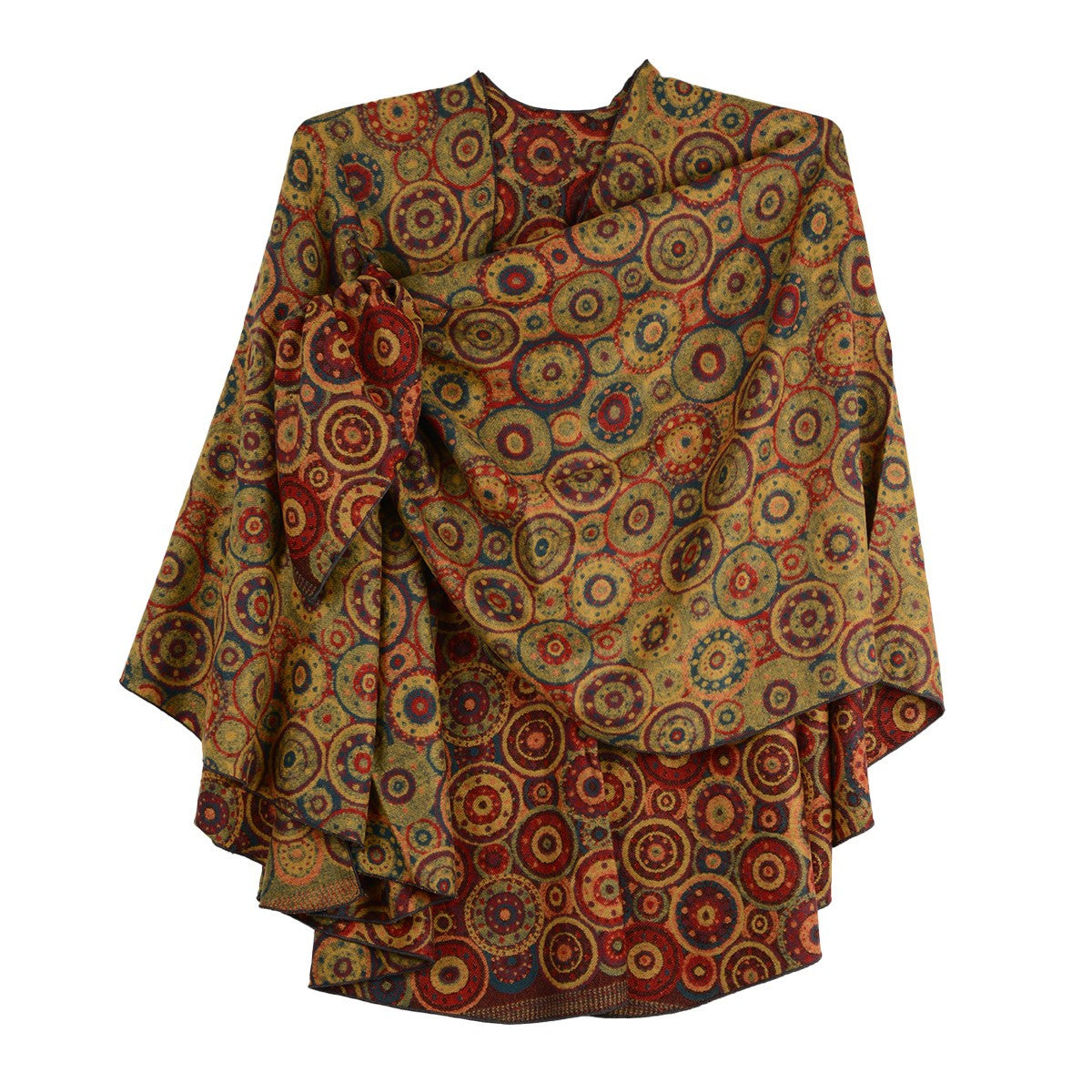 Rapti 100% Cashmere Fancy Circles Reversible Loop Shawl (#58) (ORNG/RED/OLIVE)