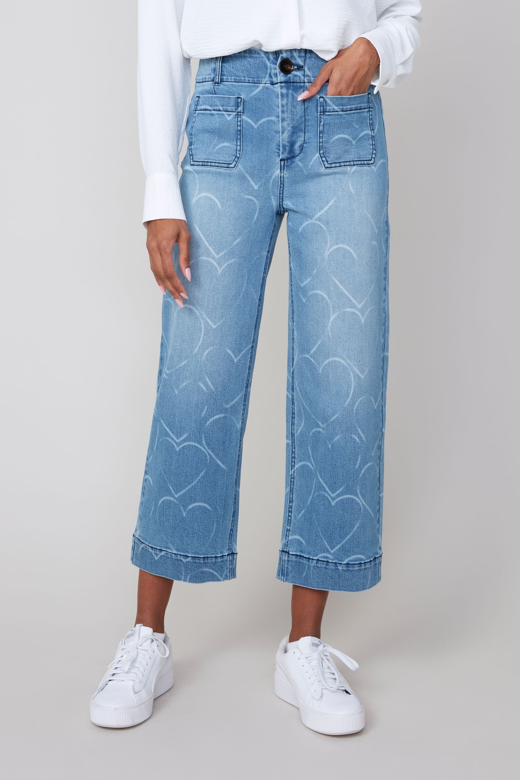 Renuar Patch Pocket Heart Print Wide Leg Crop Jeans (BLUWASH)