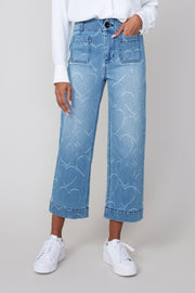 Renuar Patch Pocket Heart Print Wide Leg Crop Jeans (BLUWASH)