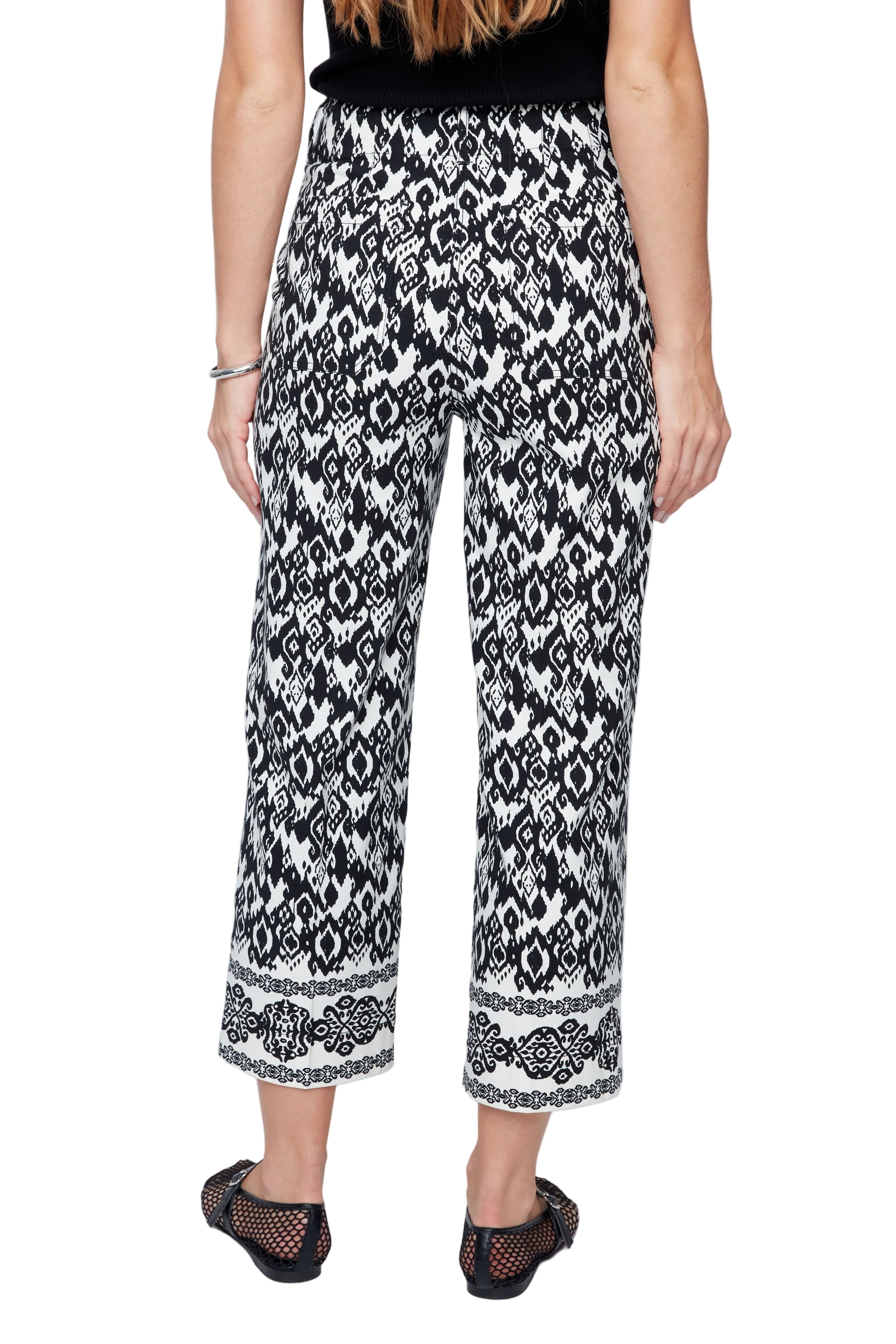 Renuar Woven Border Print Linen Blend  Crop  Pant (R11052)(Black Combo)