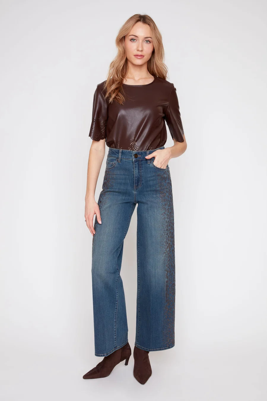 Renuar Embellished Rhinestone 5 pocket Wide Leg Jean (R11085D-E3132) (Deep Blue Wash)