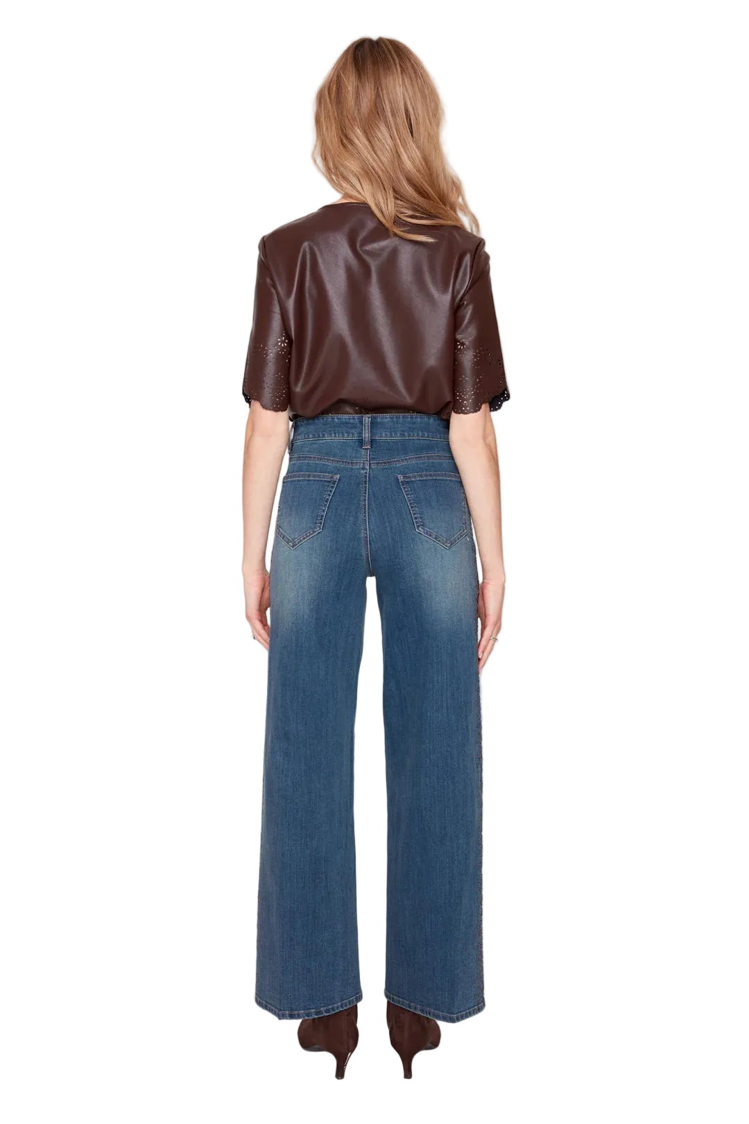Renuar Embellished Rhinestone 5 pocket Wide Leg Jean (R11085D-E3132) (Deep Blue Wash)