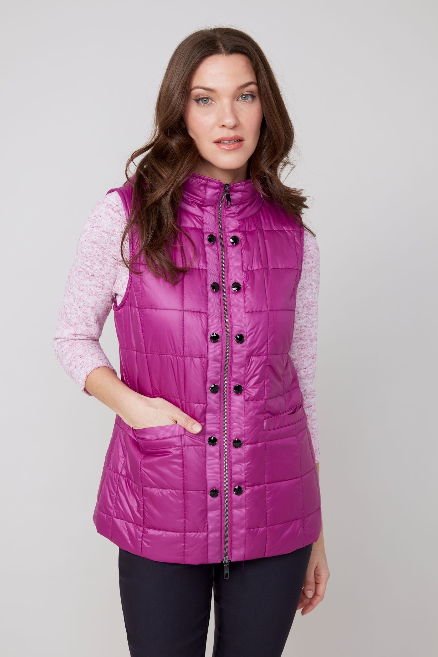 Renuar Luxe Quilted Puff Hooded Vest (R3907L-E3034)(Plum)
