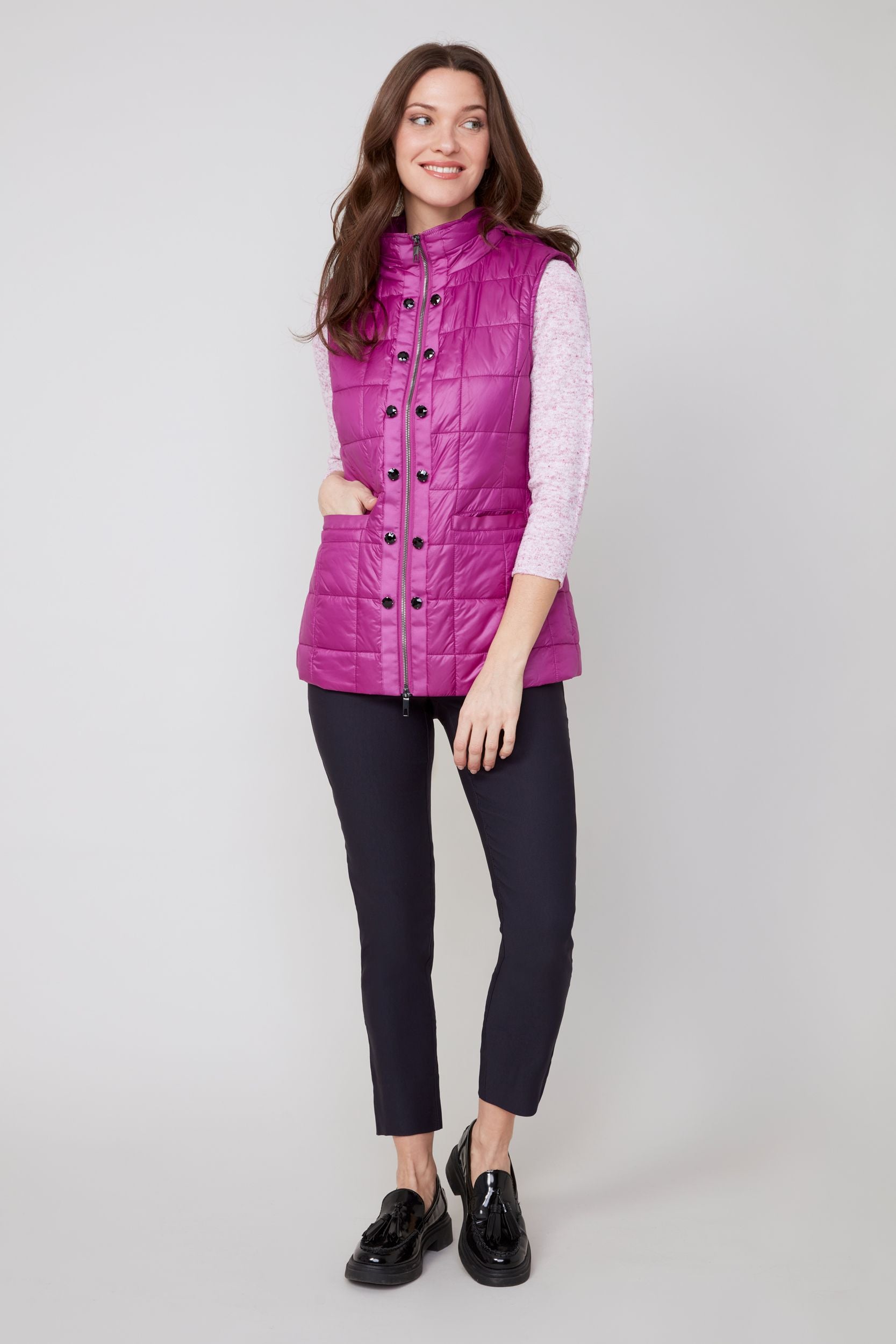 Renuar Luxe Quilted Puff Hooded Vest (R3907L-E3034)(Plum)