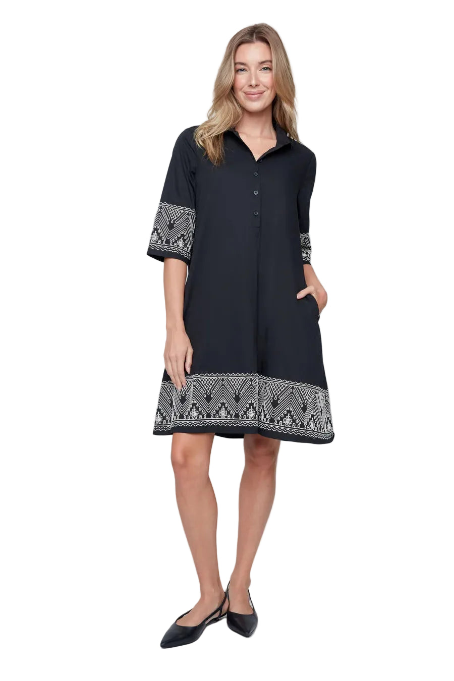 Renuar Embroidered Woven Short Sleeve Dress (R4343-790)(Black)