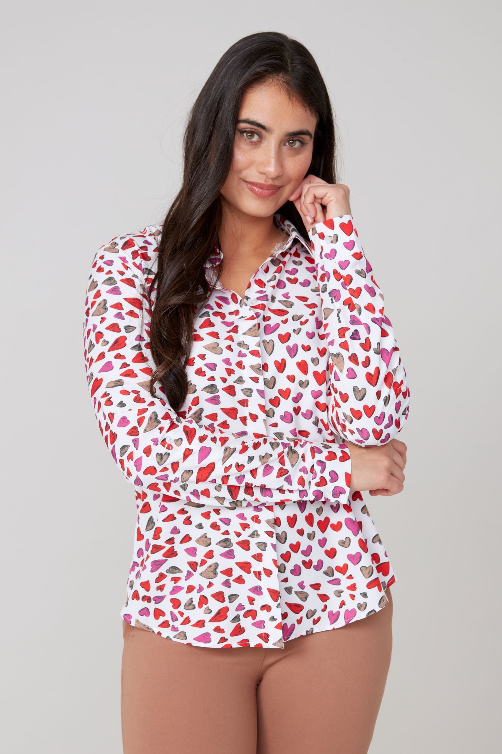 Renuar All Over Hearts Woven Blouse (R5204-459)(TanCombo)