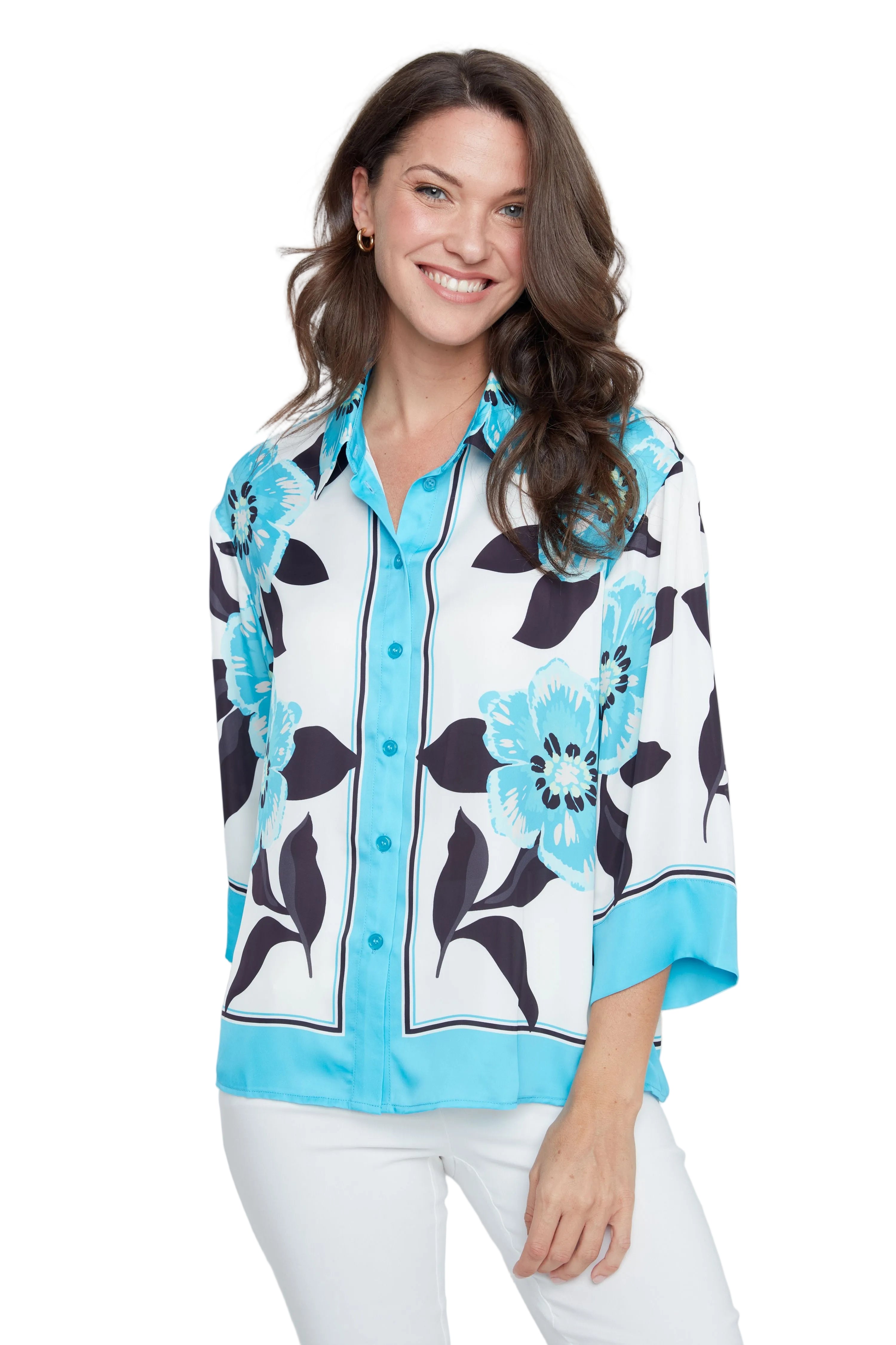 Renuar Woven 3/4 Sleeve Blouse (R5247465)(Ocean)