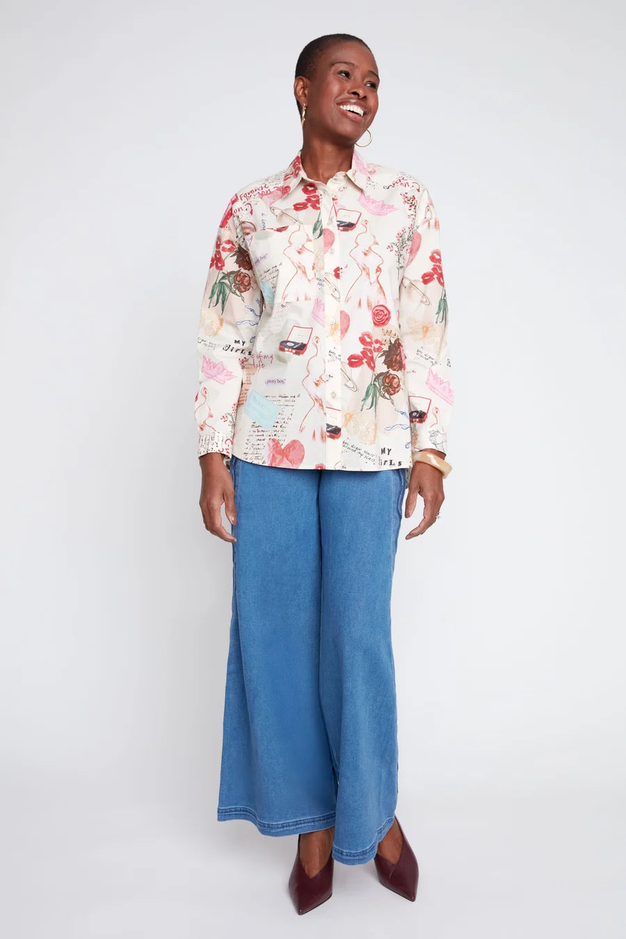 Renuar Retro Print Cotton Blouse (R5284)(Lipstick Combo)
