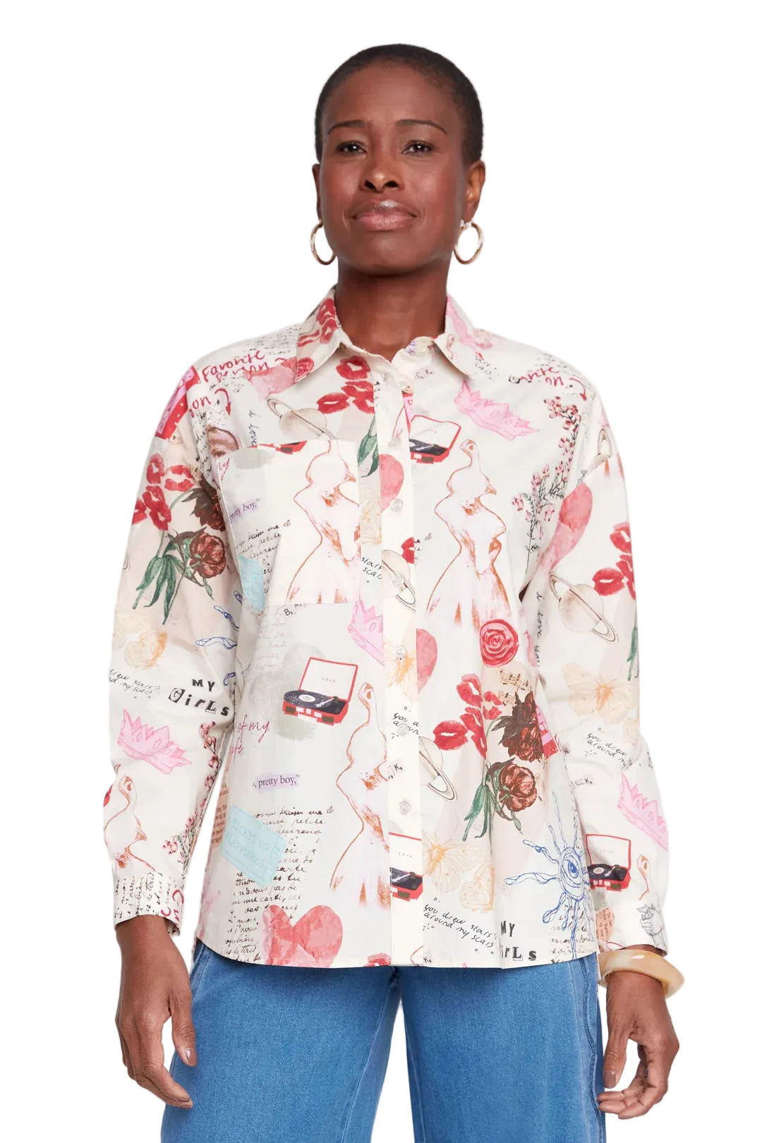 Renuar Retro Print Cotton Blouse (R5284)(Lipstick Combo)