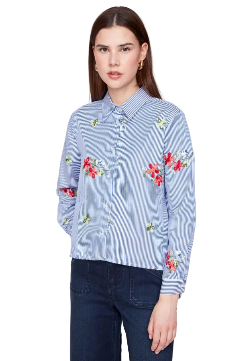 Renuar Embroidered Floral Stripe Woven Blouse (R5278-917)(Blue Combo)