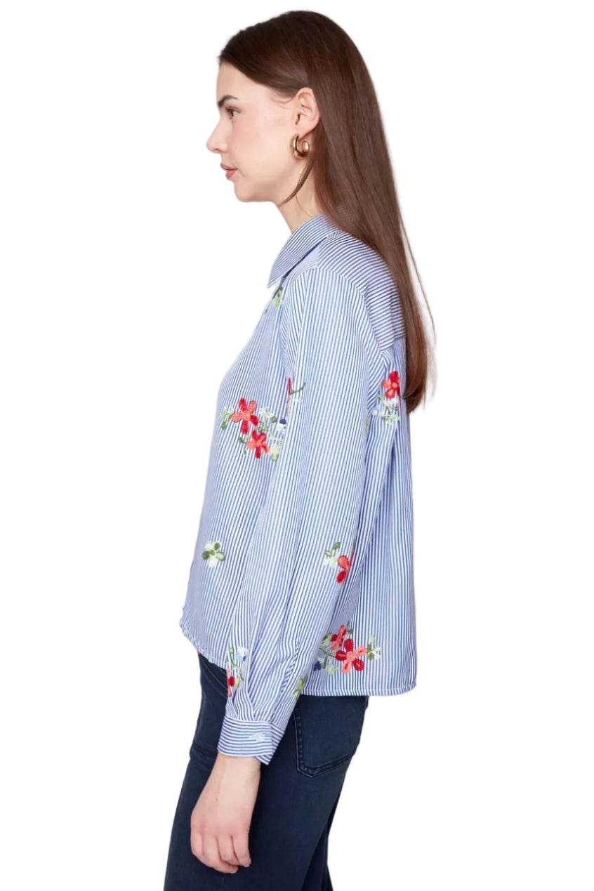 Renuar Embroidered Floral Stripe Woven Blouse (R5278-917)(Blue Combo)