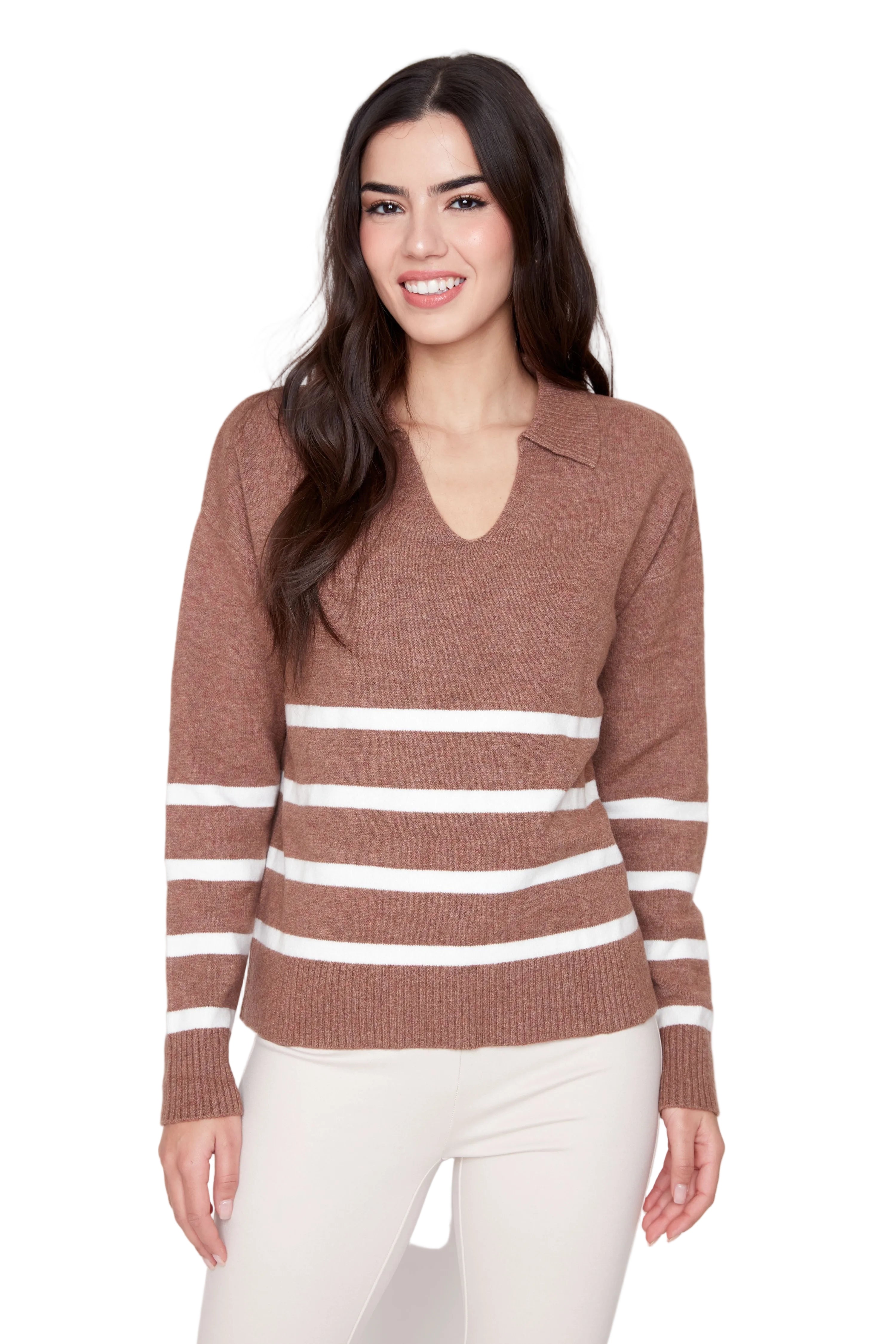 Renuar Knitted Comfy Yarn Stripe Sweater(R6993-4301) (Heather Tiramisu)