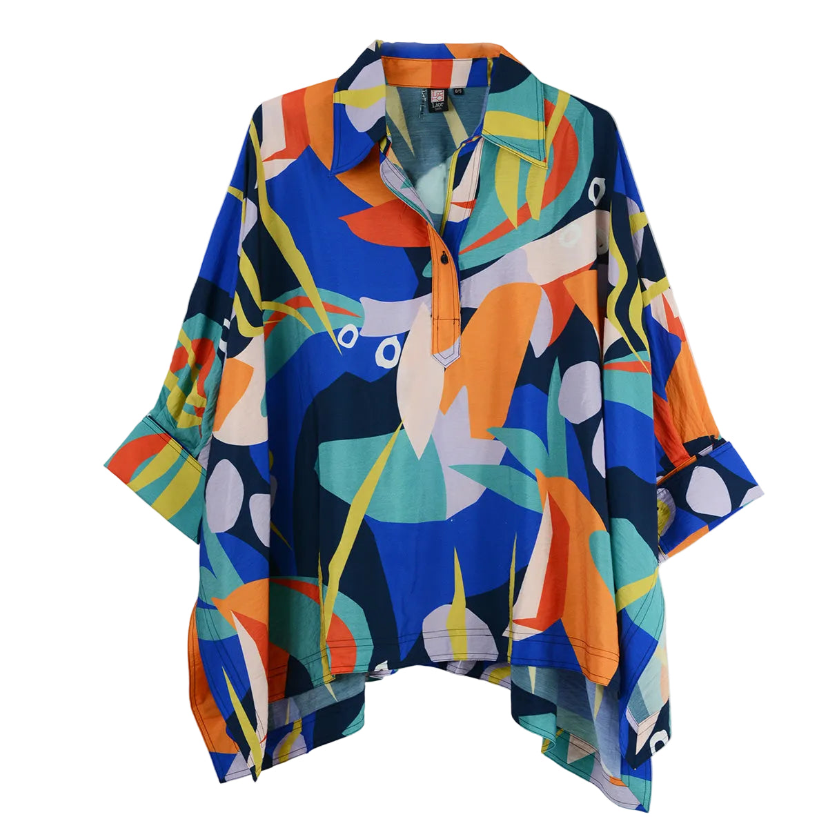 Lior One Size Collar Poncho Top (S128-A8) (Blue and Coral Abstract)