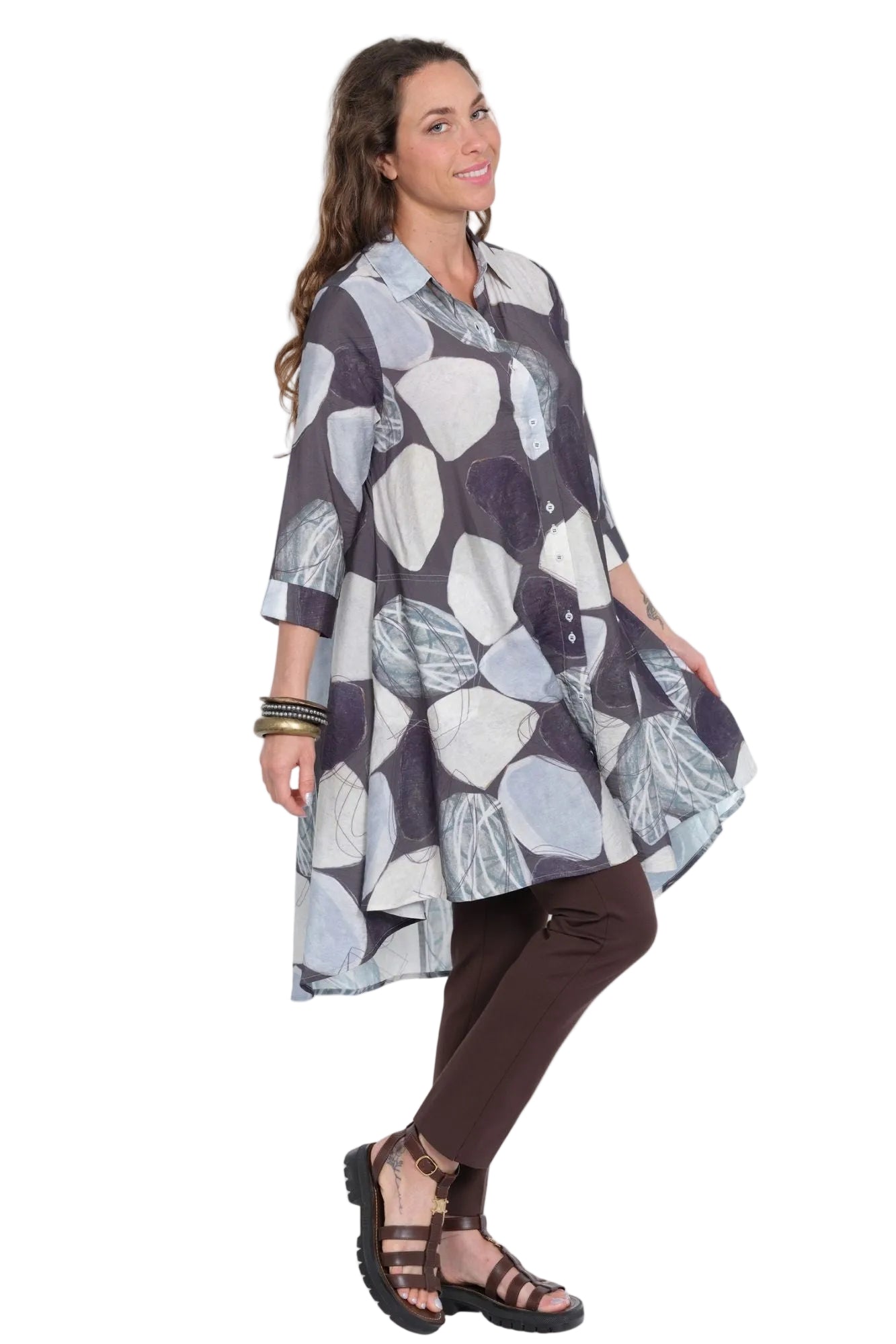 Lior Button Front Long Swing Shirt (S135-80-AR) (Taupe Beige)