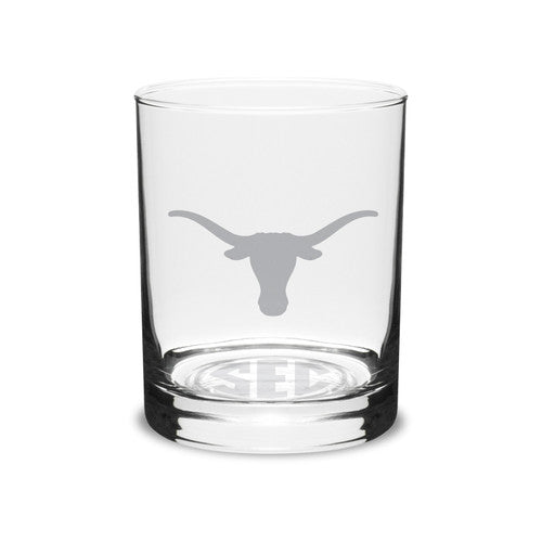 Texas Longhorn SEC & Logo Etched On The Rocks Glass