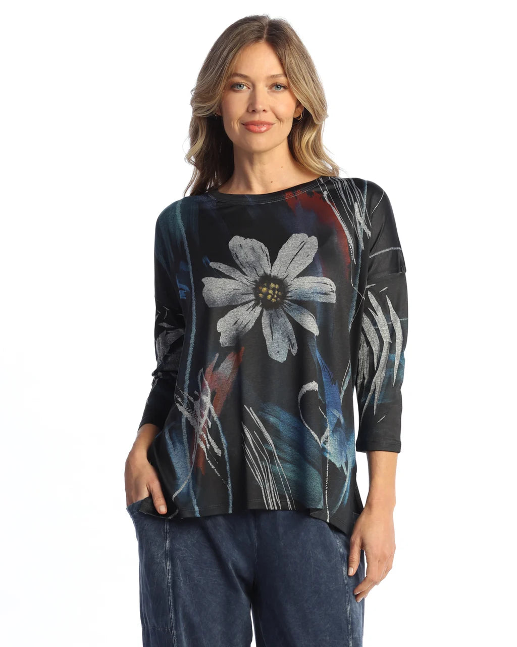 Jess & Jane Alicia Slinky Like Side Slit 3/4 Tunic Top (SK1-2145)