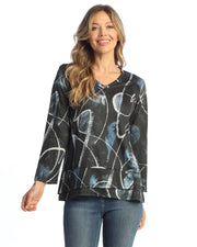 Jess & Jane Calligraphy  V-Neck 3/4 Sleeve Layered Hem Top (ST6-2125)