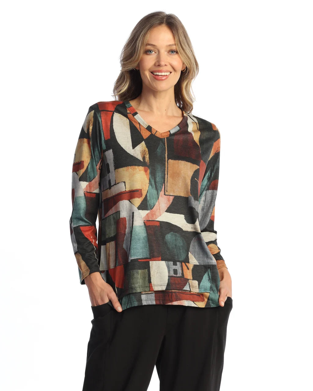 Jess & Jane Cubism  V-Neck 3/4 Sleeve Layered Hem Top (ST6-2138)
