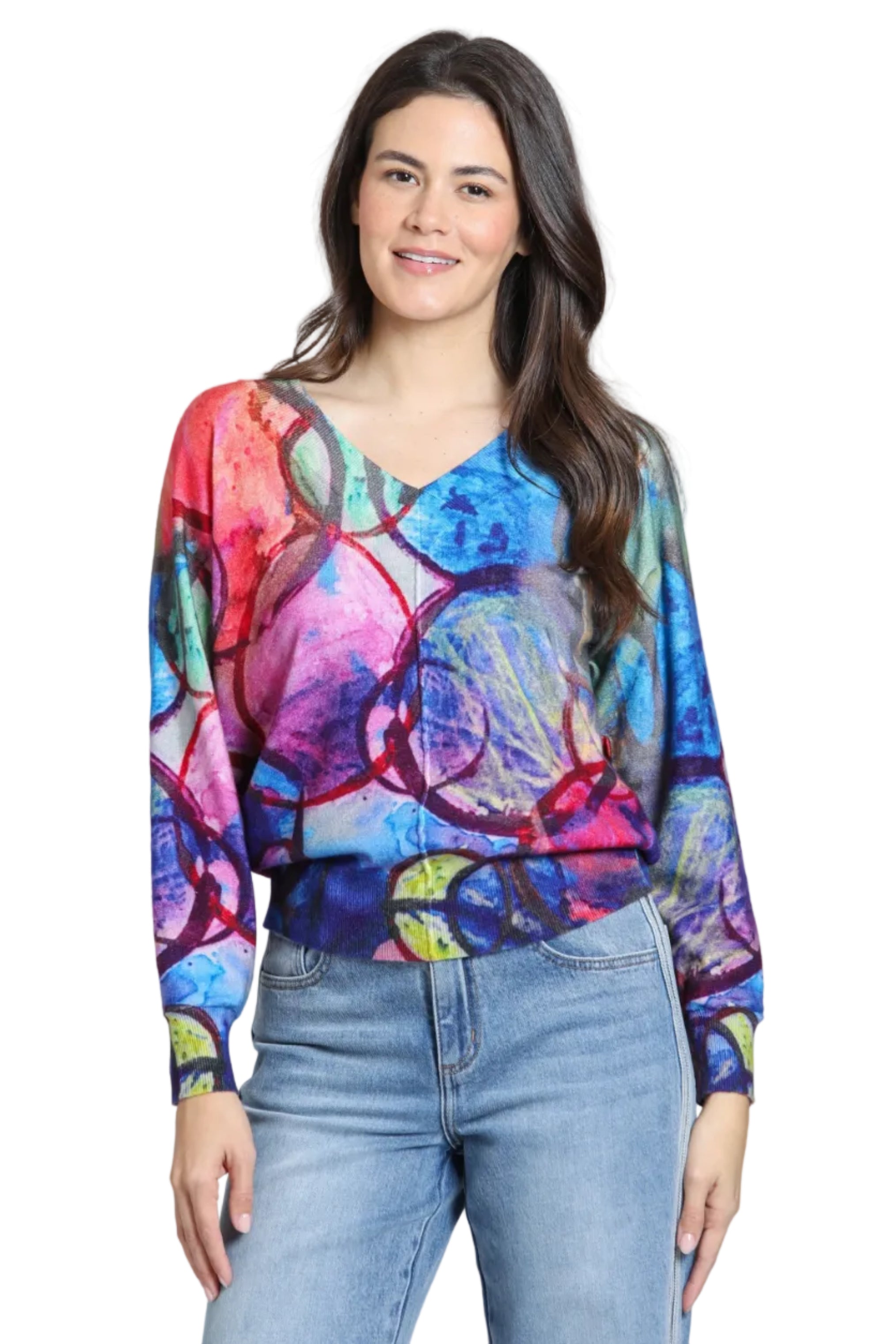 APNY Overlapping Circles V-neck Sweater ( SW132F)(Prisms Multi)