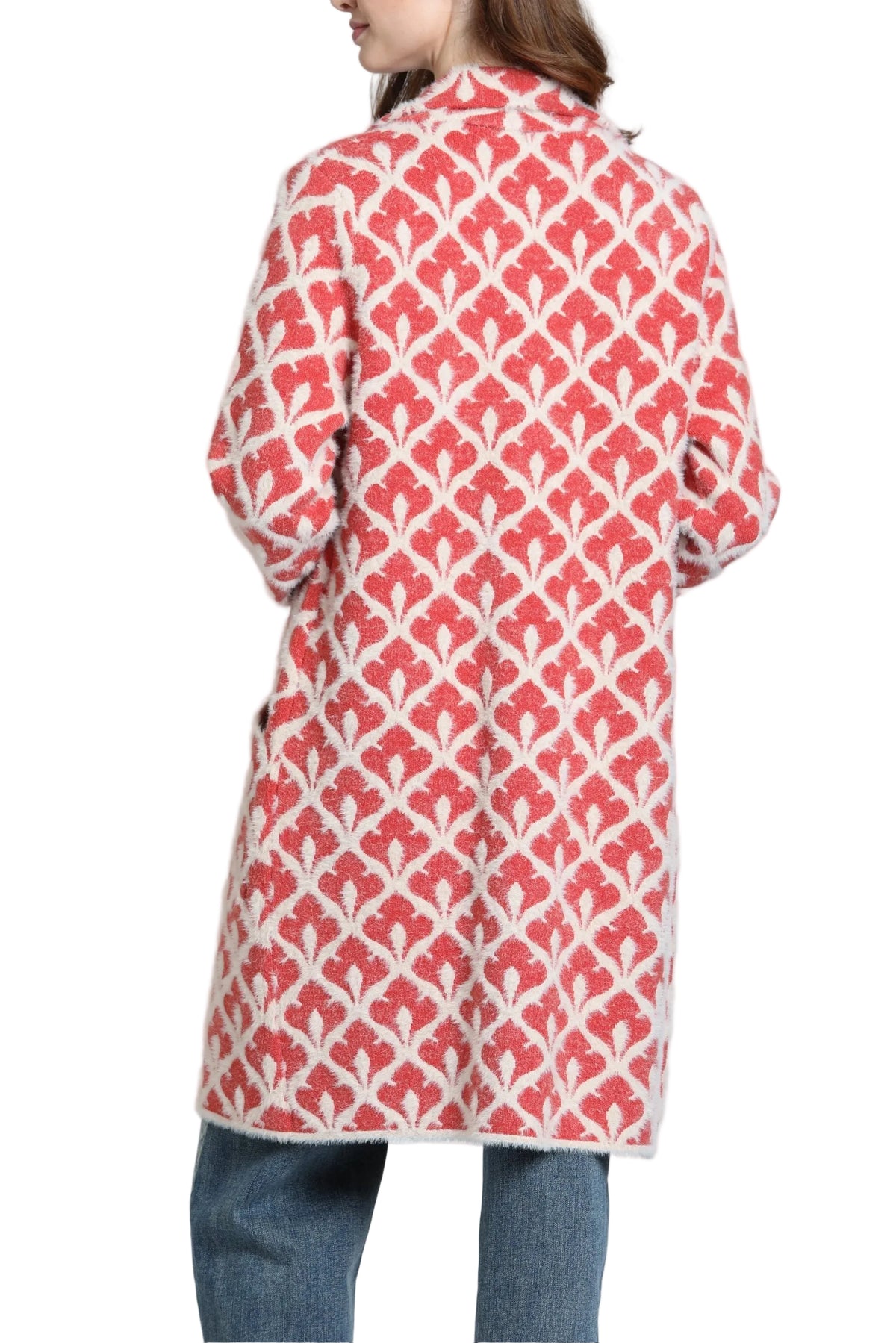 APNY Alpine Fleur De Lis Patch Pocket  Long Line Cardigan Coat/Sweater Jacket (SW195B) (Terracotta Cream)
