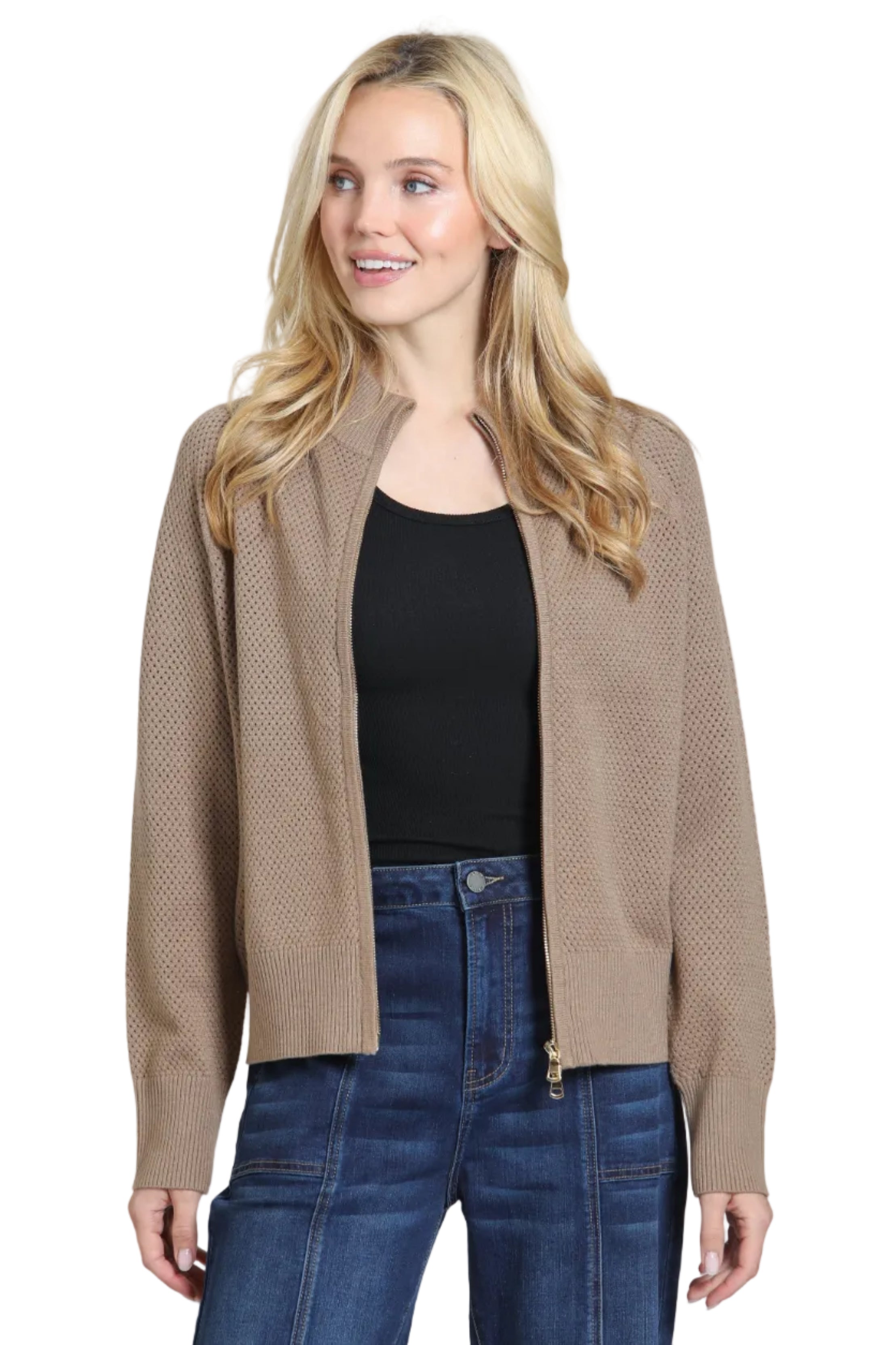 APNY Zip-Front Mesh Pointelle Stitch Sweater Jacket (SW216) (Bronze)