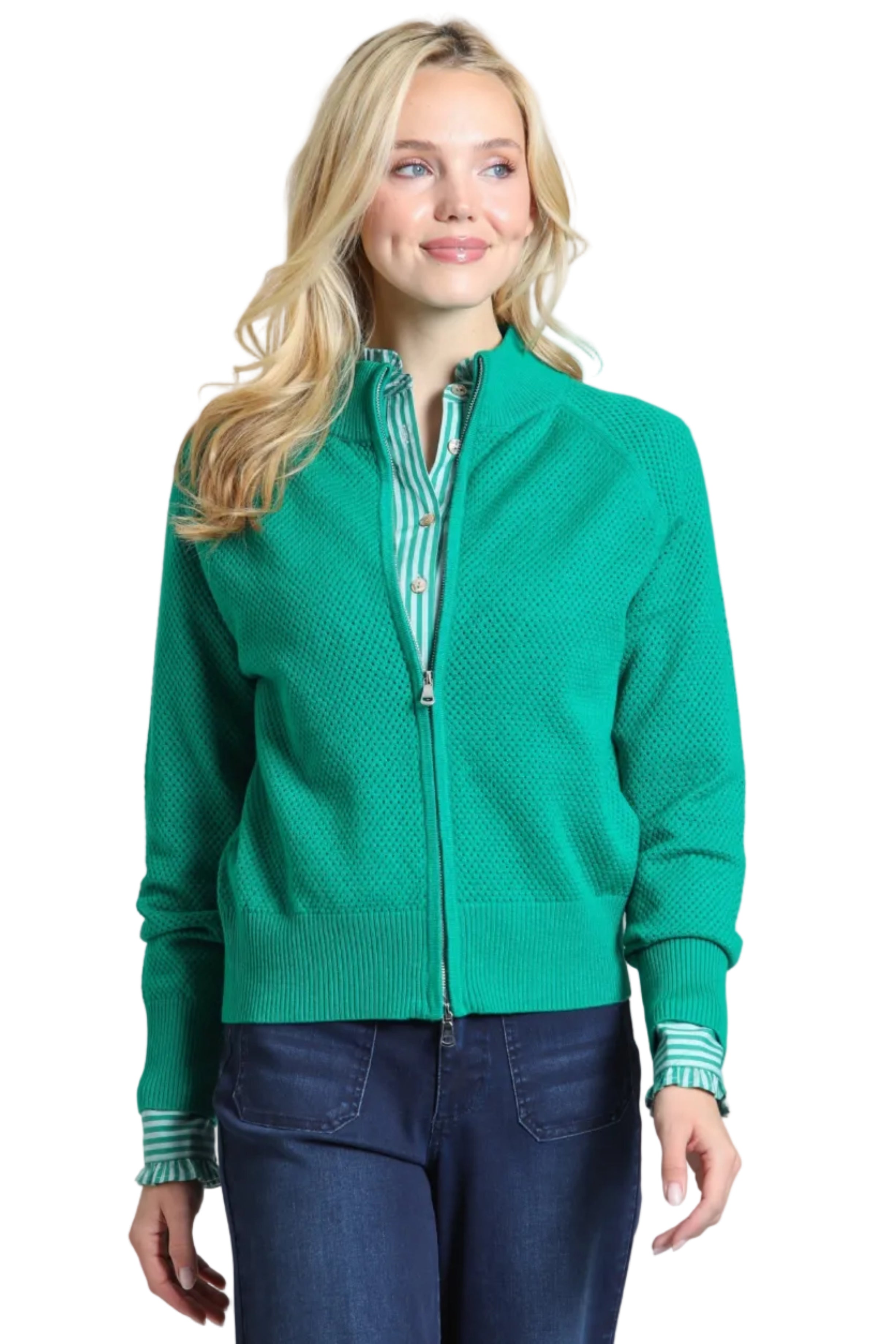 APNY Zip Front Mesh Pointelle Sweater Jacket ( SW216)(Emerald)