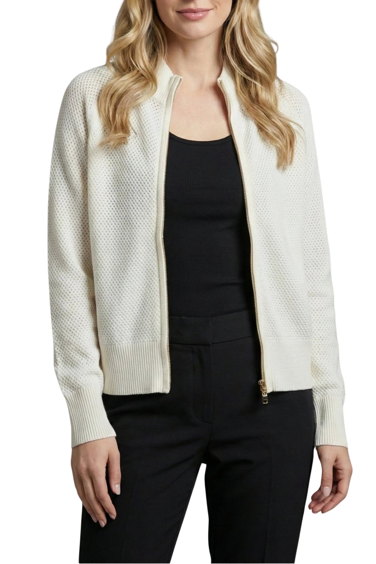 APNY Zip Front Mesh Pointelle Stitch Cardigan/Sweater Jacket (SW216) (Off White)