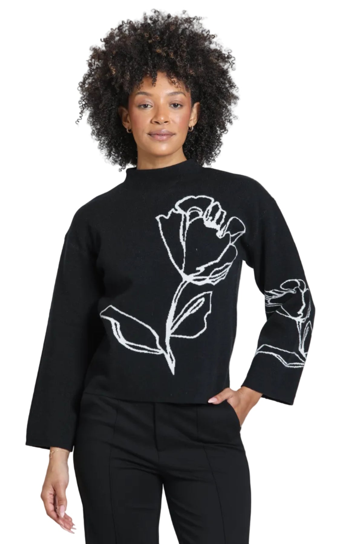 APNY Contrast Floral Pullover Sweater (SW225) (Jet and Ivory)