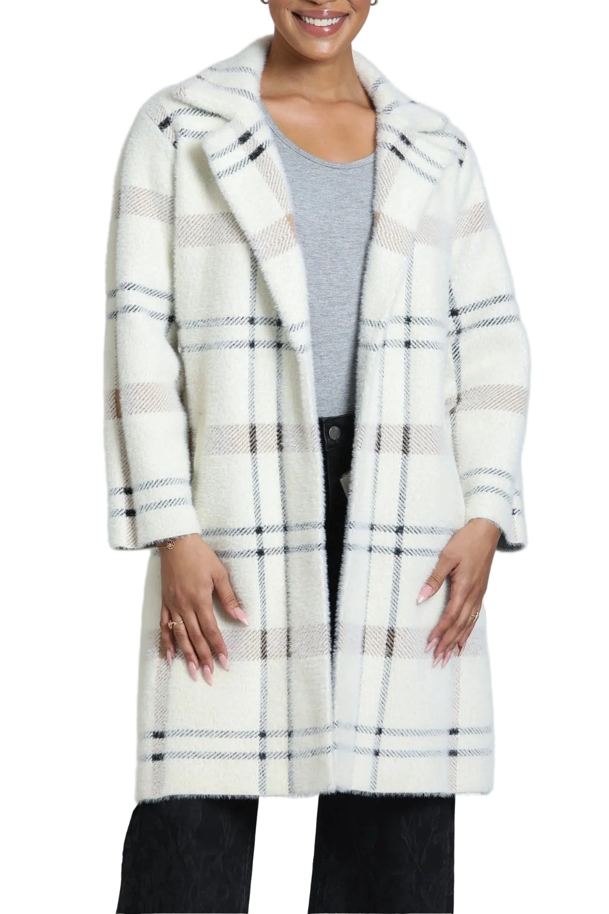 APNY Alpine Plaid Long Line Cardi Coat/Sweater Jacket (SW238) (Snowdrift Plaid)