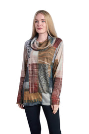 Shana Squares Printed Slub Knit Cowl Neck Top (25732)