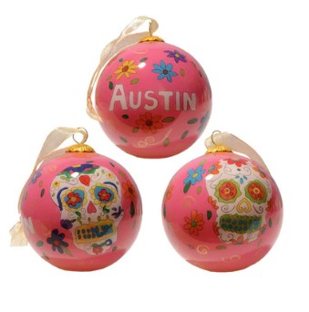 Kitty Keller Austin Sugar Skulls Pink Glass Ornament