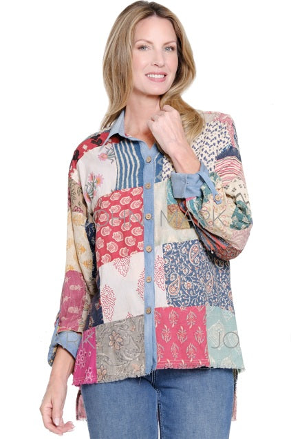 John Mark Multi Patch Printed Button Front Roll Tab Sleeve Shirt