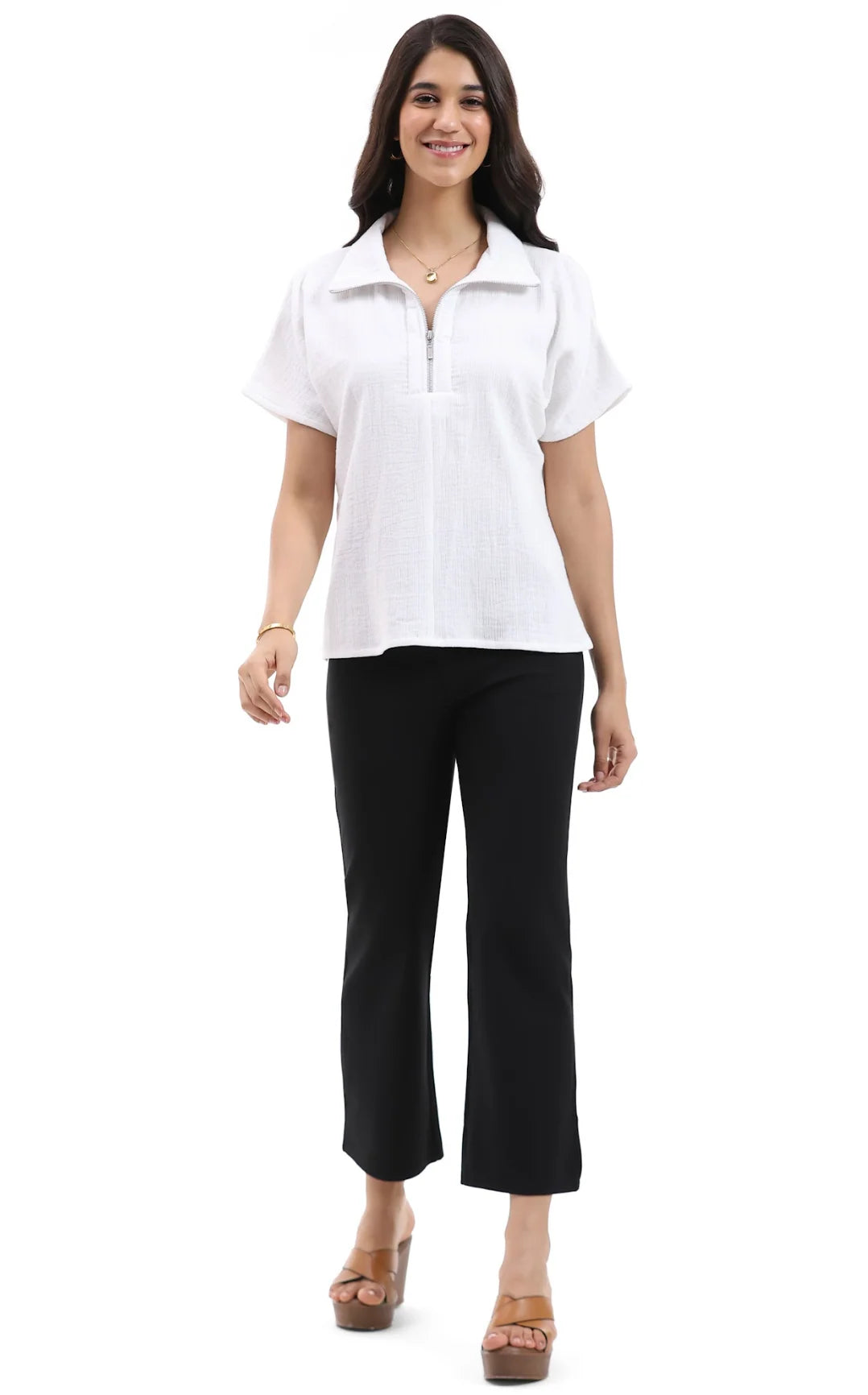 Parsley & Sage Shawn Short Sleeve Zipper Top (26T40B2)(White)