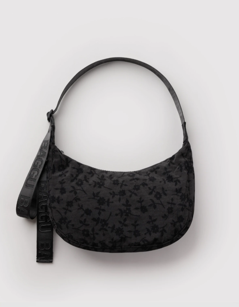 Baggu Medium Nylon Crescent Bag - Charcoal Ditsy Floral