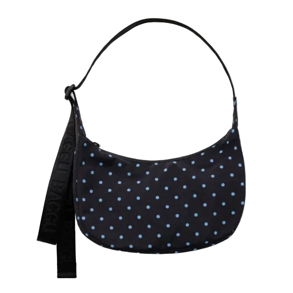Baggu Small Nylon Crescent Bag - Black and Sky Blue Micro Dot