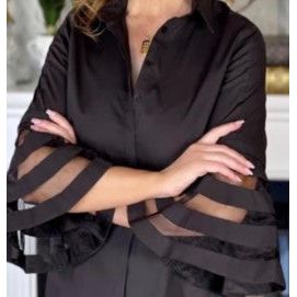 Ravel Button Front Sheer Stripe Bell Sleeve Solid Black Shirt