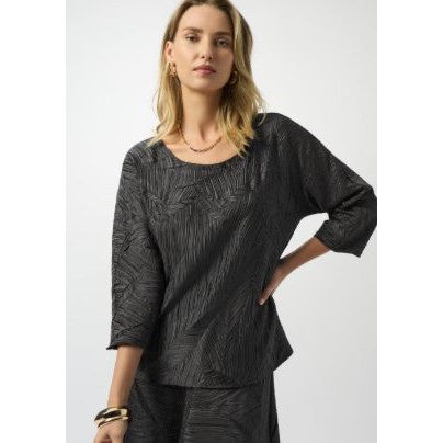 Joseph Ribkoff Relaxed Fit Pullover Tonal Pattern Black Top