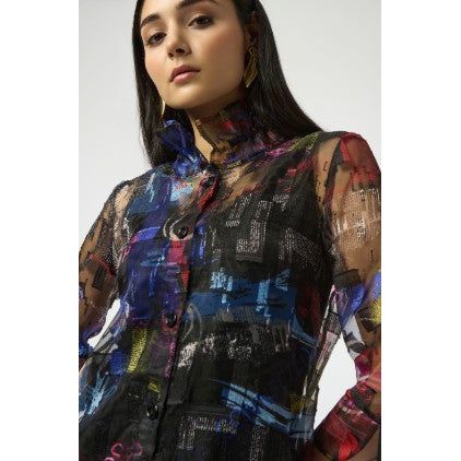 Joseph Ribkoff Burnout Organza Word Print Long Blouse