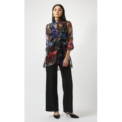 Joseph Ribkoff Burnout Organza Word Print Long Blouse