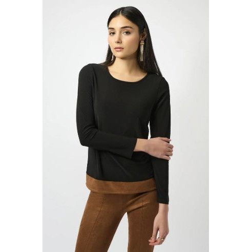 Joseph Ribkoff Knit & Suede Look Color Block Top (BLK/BRN)