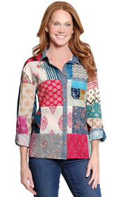 John Mark Multi Patch Printed Button Front Roll Tab Sleeve Shirt