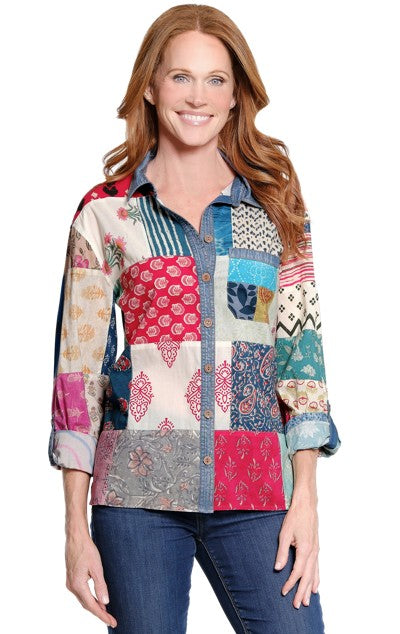 John Mark Multi Patch Printed Button Front Roll Tab Sleeve Shirt