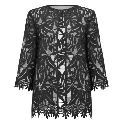 Joseph Ribkoff Embroidered Floral Open-front Cut Out Jacket (262096)(Black)