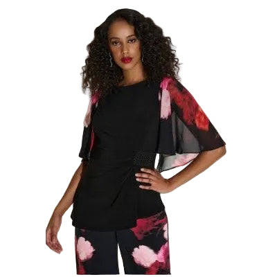 Joseph Ribkoff Solid Black Top With Floral Print Sleeve (253763)