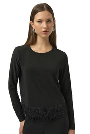 Joseph Ribkoff Chic Fringe & Jewel Adorned Hem Crew Neck Black Pullover(254148-11)