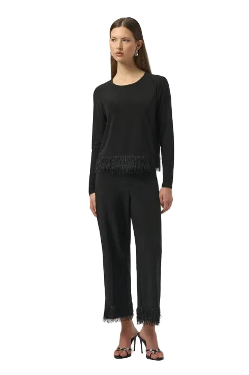 Joseph Ribkoff Chic Fringe & Jewel Adorned Hem Crew Neck Black Pullover(254148-11)