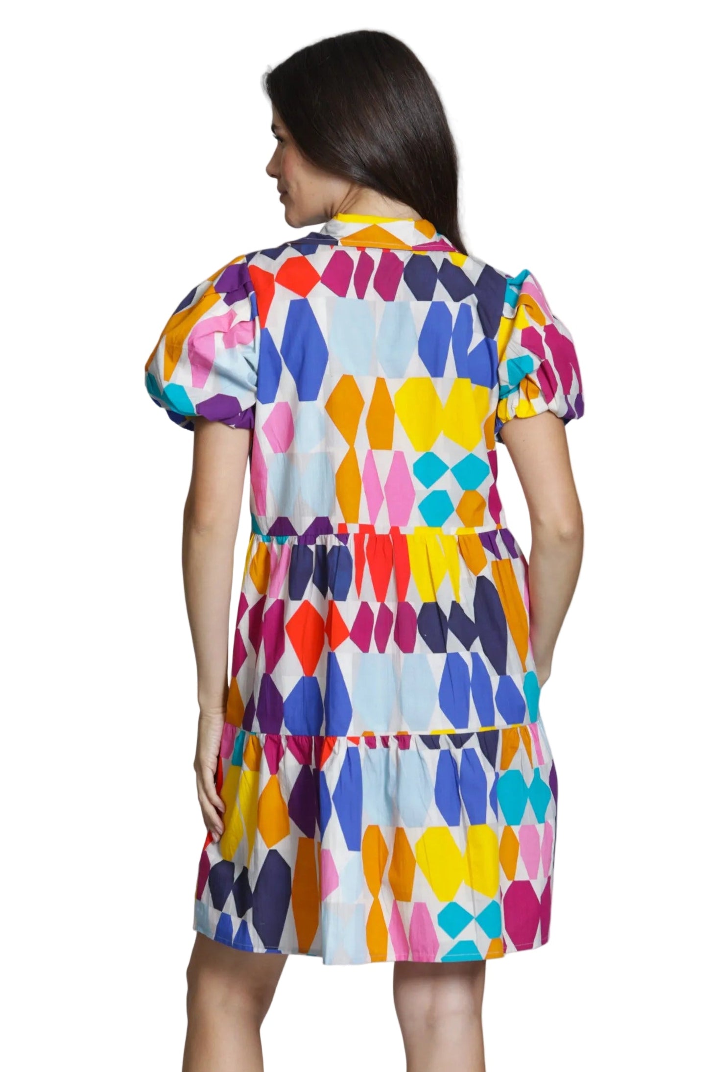 APNY Flounce Puff Sleeve Shirt Dress  (T104p/c-738D/CT) (Yellow/Pink Multi )