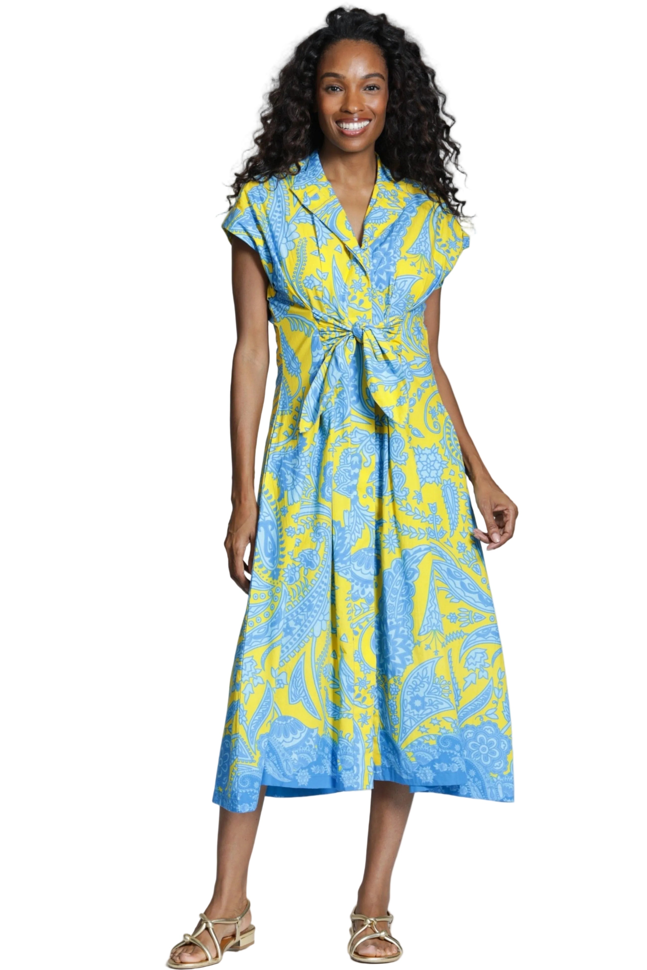 APNY Tie Front Sleeveless Floral Long Dress (T105P/C-636D/CT)(Yellow)