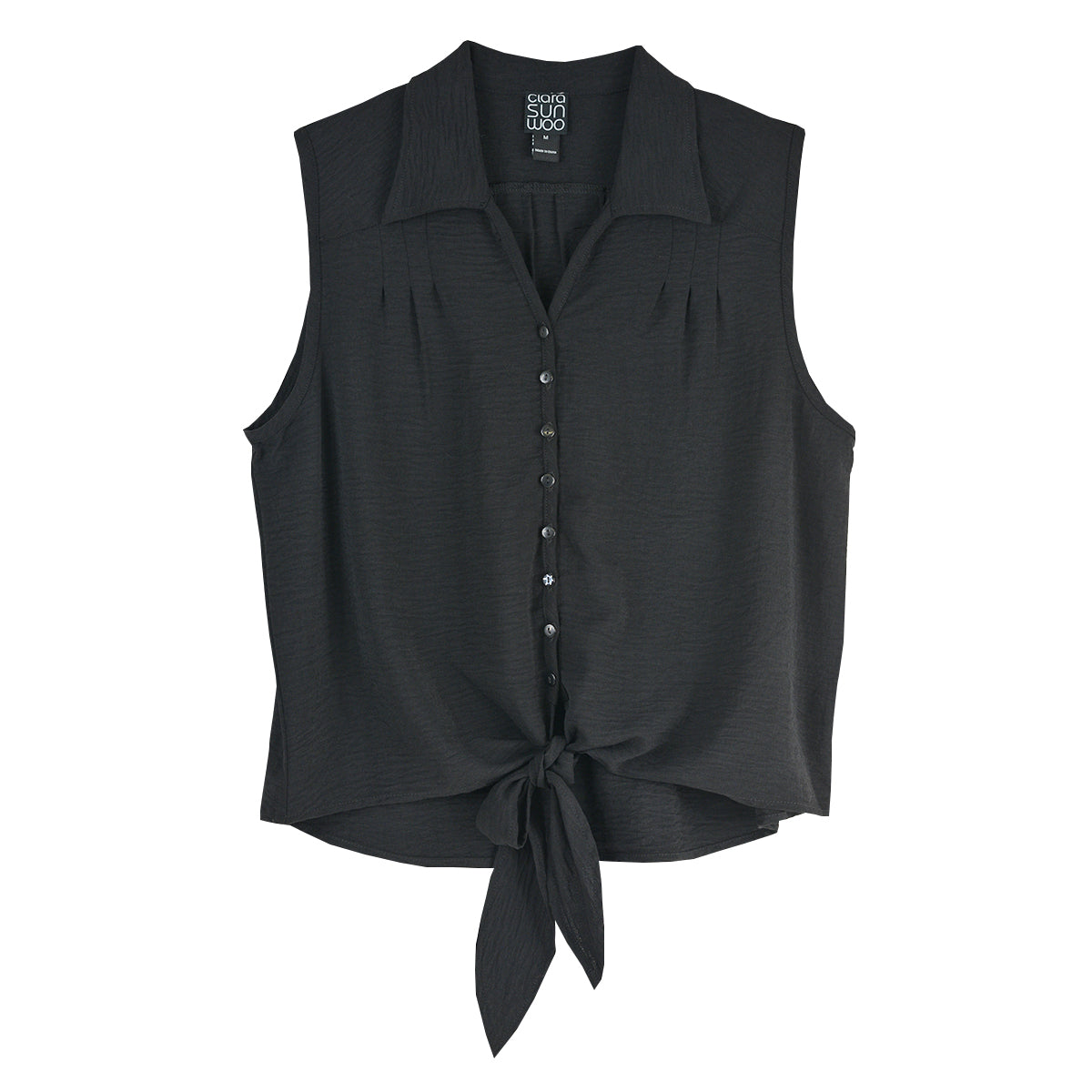 Clara Sun Woo Soft Pleat Tie Front Sleeveless Top (T184)(Black)